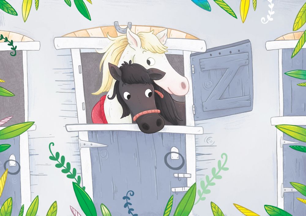 A pet portrait of two horses in a stable. By Grace Sandford 