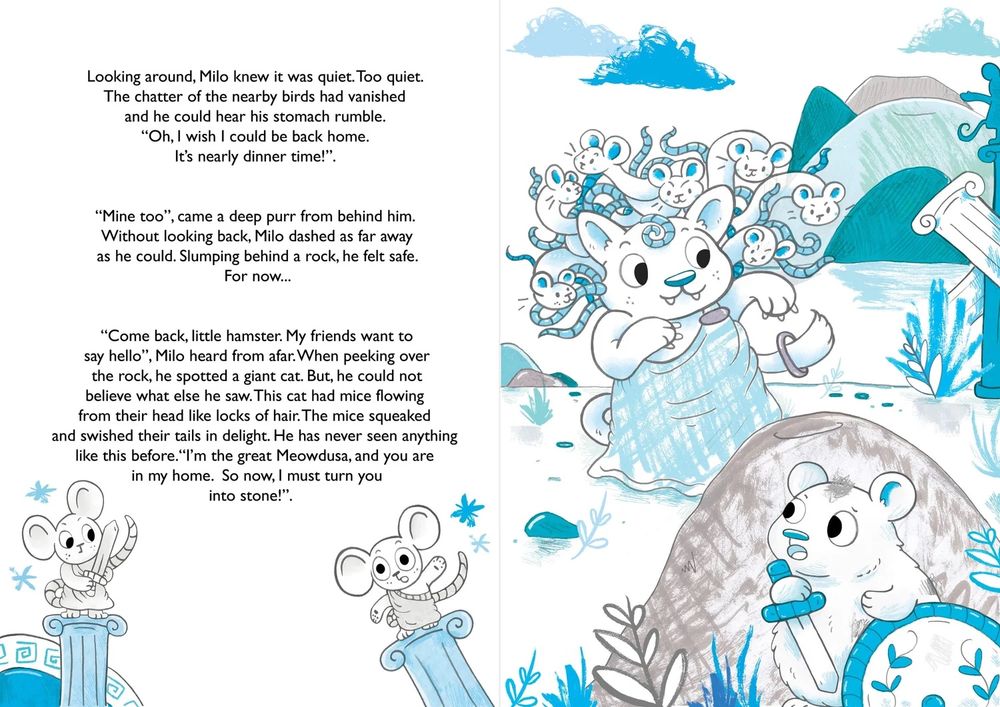 A spread from Mythical Milo by Grace Sandford. It features a hamster called Milo hiding from Meowdusa a Medusa cat that has mice for hair, and it looking for her next victim! 