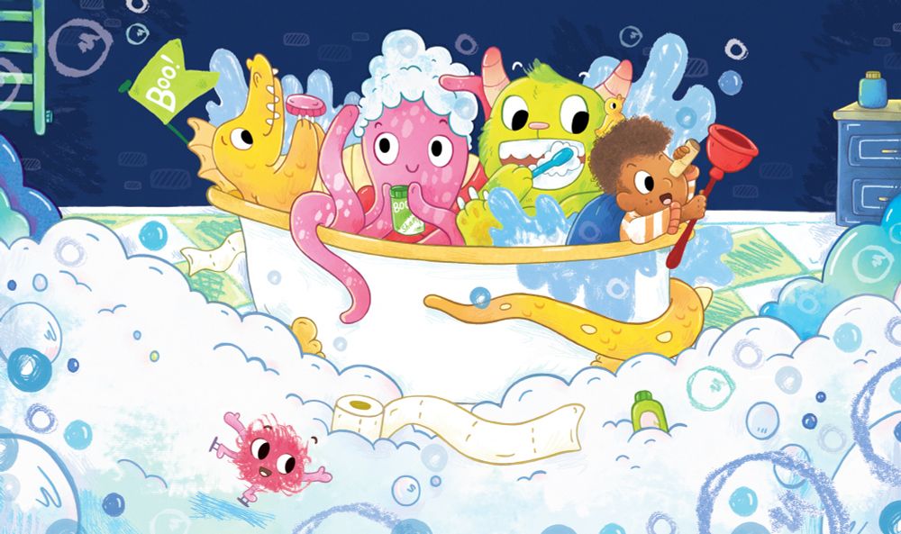A bath room scene with bubbles everywhere. Including a bathtub filled with a child, and three monsters enjoying a bathroom routine such as cleaning their teeth or washing their hair. Illustration by Grace Sandford 