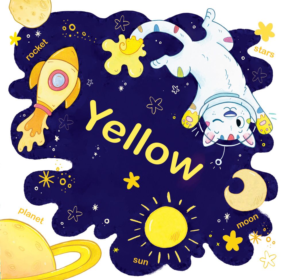 A cat with a paintbrush for a tail is an astronaut in space looking at items that are the colour yellow. The items are a planet, the sun, the moon, a rocket and stars. Illustration by Grace Sandford 