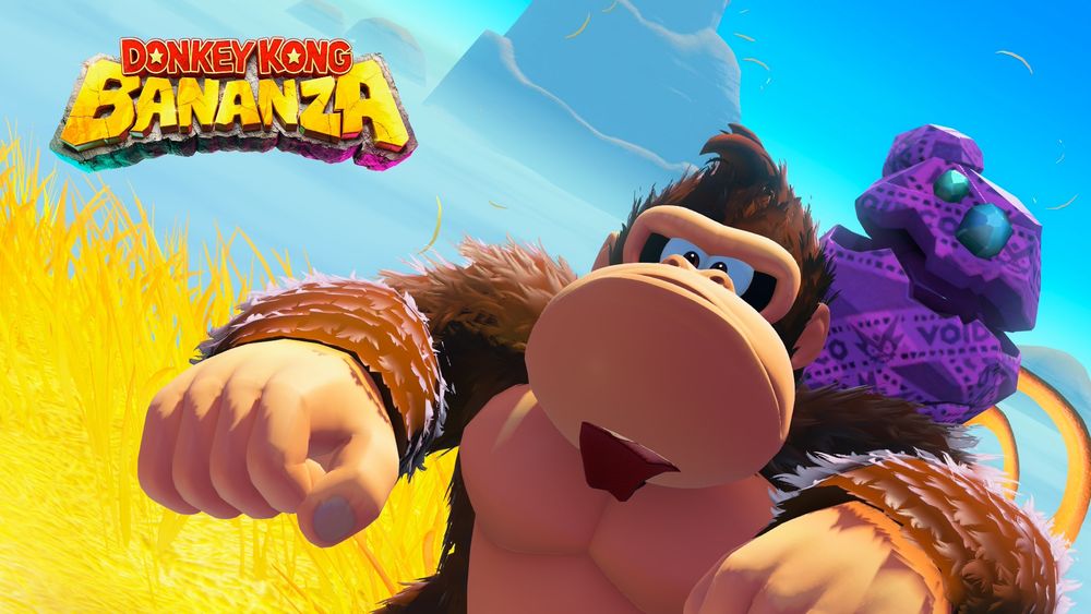 Donkey Kong looks angrily at the camera. Odd Rock is shouting on his shoulder. In the background is yellow grass and a blue sky.
