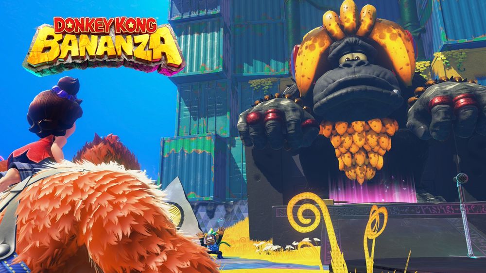 Donkey Kong and Pauline gaze up at the Elder Kong of the Lagoon Layer.