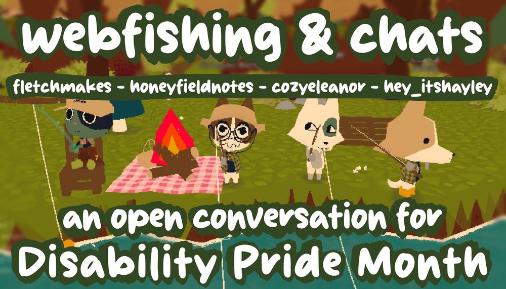 Screenshot from webfishing with 4 creatures sitting side by side fishing together. fletch makes, honey field notes, cozy eleanor, and hey its hayley.