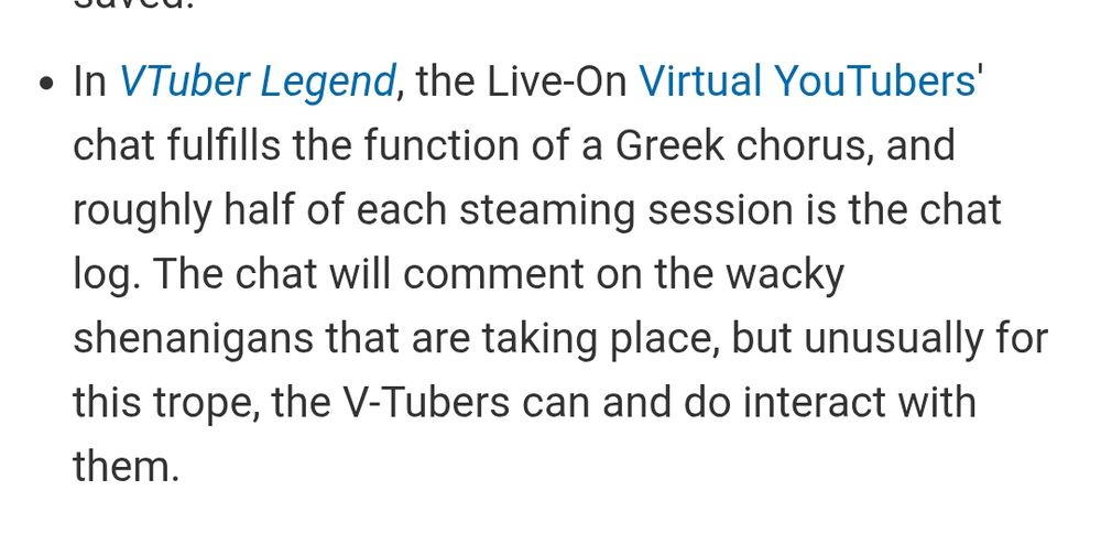 A screenshot from TVtropes, about how the book VTuber Legend has a chat based Greek Chorus
