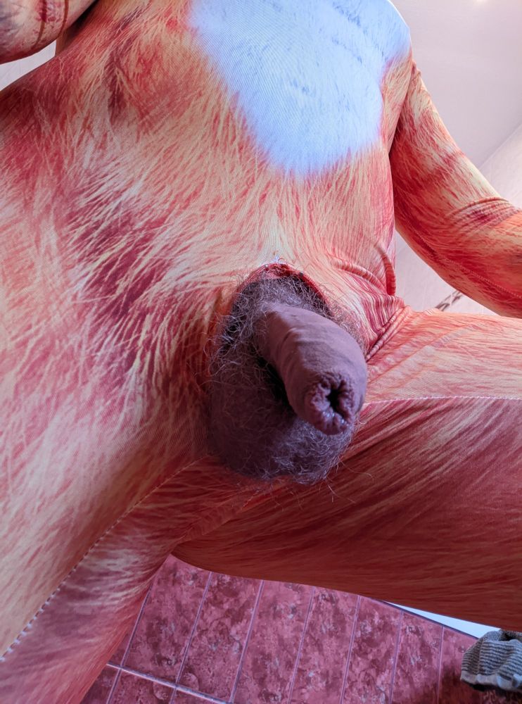 Hairy balls hanging from the zipper of my fox bodysuit.