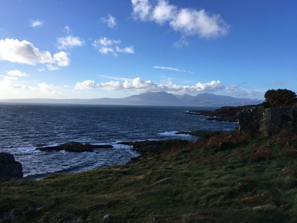 Looking towards the island of Arran from the southern end of the Island of Bute, Scotland.