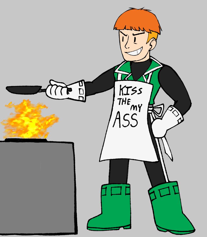 green lantern a.k.a guy gardner holding a frying pan on top of a stove wearing an apron that has "kiss the my ass" written on it.