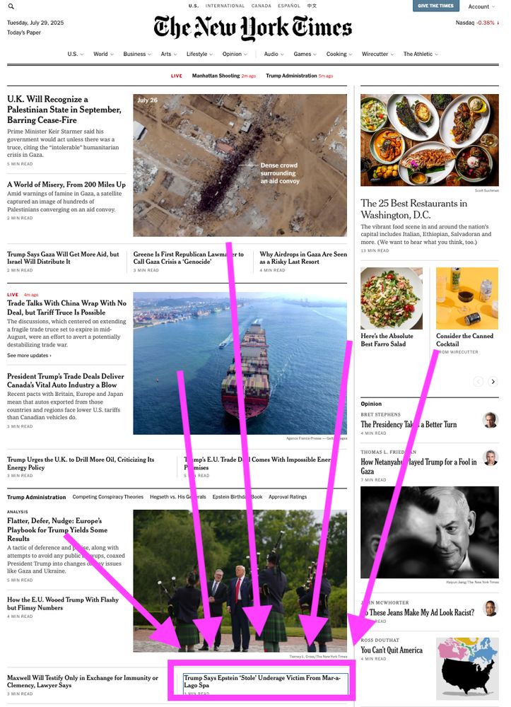 The front page of the NYT. In a tiny space well below the 25 best restaurants in DC, a story on Trump's admission that sex trafficker Jeffrey Epstein "stole" Virginia Giuffre. 

I've marked all that with a pink rectangle and arrows.