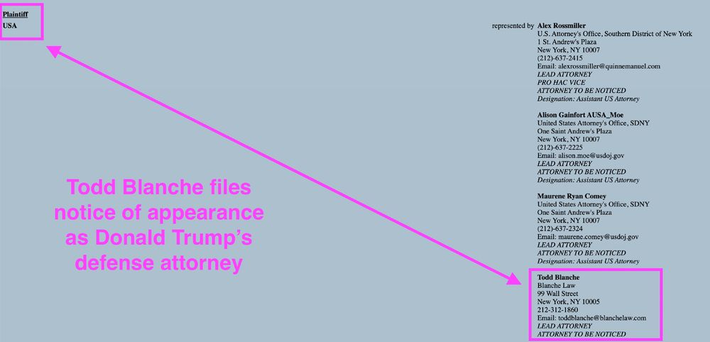 Ghislaine Maxwell docket showing Blanche filed his notice of appearance under his defense attorney identity.