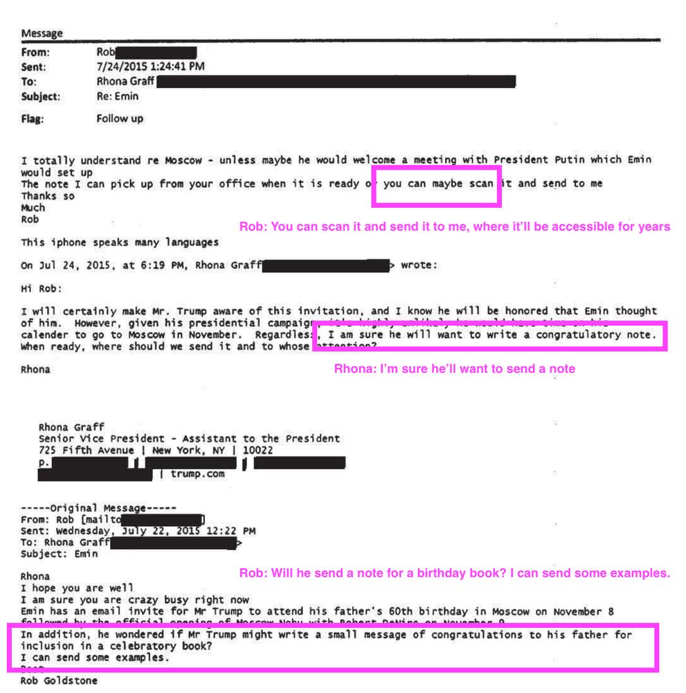 The request Rob Goldstone made for Trump to contribute to a birthday book for Aras Agalarov and Rhona Graff's response.