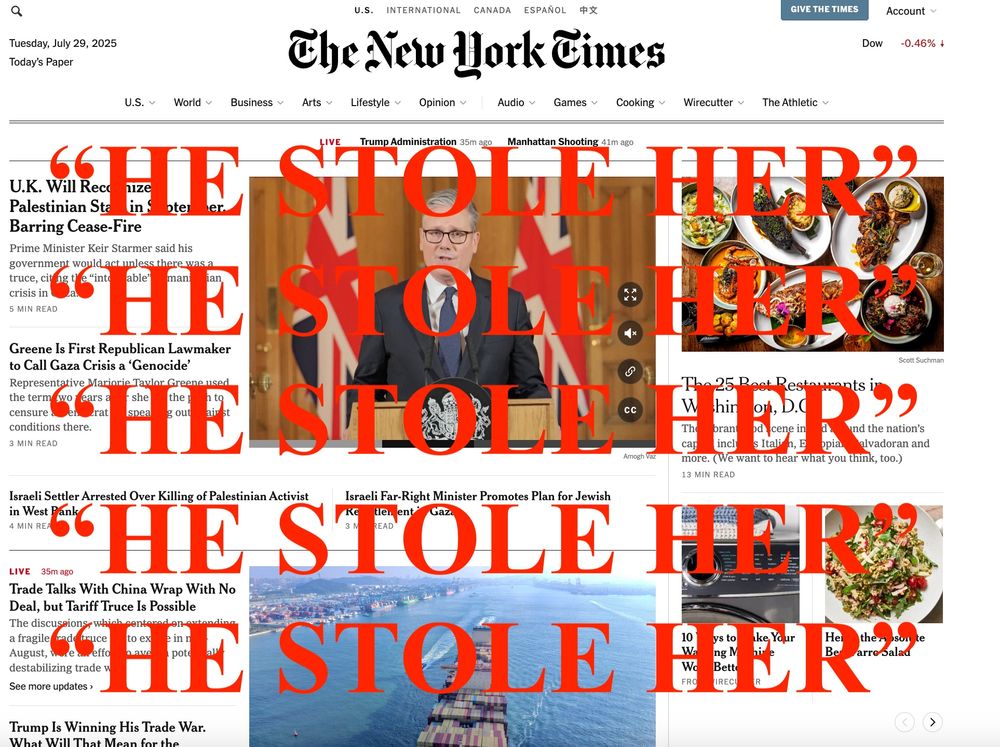THe NYT front page, which has no story at all on Jeffrey Epstein. I have written 