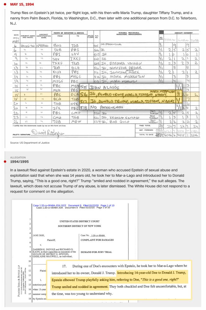 Two entries on a timeline. One shows that on May 15, 1994 Trump flew with Tiffany on Jeffrey Epstein's plane. The next shows a lawsuit allegation that as a 14-year old, Trump smiled when asked by Epstein whether the 14-year old he was with was "a good one." 
