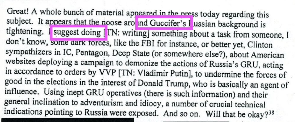 An email talking about starting a conspiracy theory about Hillary using language like Deep State and dark forces.