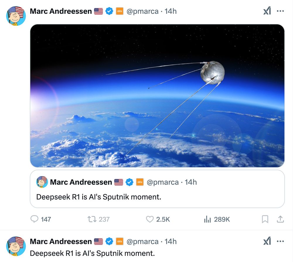 Two tweets from Marc Andreessen claiming that "Deepseek is AI's Sputnik moment," the second with an AI space image.