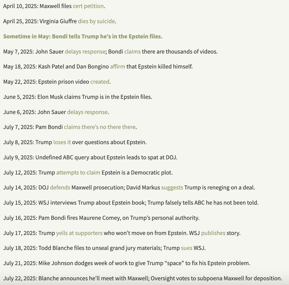 April 10, 2025: Maxwell files cert petition.

April 25, 2025: Virginia Giuffre dies by suicide.

Sometime in May: Bondi tells Trump he’s in the Epstein files.

May 7, 2025: John Sauer delays response; Bondi claims there are thousands of videos.

May 18, 2025: Kash Patel and Dan Bongino affirm that Epstein killed himself.

May 22, 2025: Epstein prison video created.

June 5, 2025: Elon Musk claims Trump is in the Epstein files.

June 6, 2025: John Sauer delays response.

July 7, 2025: Pam Bondi claims there’s no there there.

July 8, 2025: Trump loses it over questions about Epstein.

July 9, 2025: Undefined ABC query about Epstein leads to spat at DOJ.

July 12, 2025: Trump attempts to claim Epstein is a Democratic plot.

July 14, 2025: DOJ defends Maxwell prosecution; David Markus suggests Trump is reneging on a deal.

July 15, 2025: WSJ interviews Trump about Epstein book; Trump falsely tells ABC he has not been told.

July 16, 2025: Pam Bondi fires Maurene Comey, on Trump’s personal authority.

July 17, 2025: Trump yells at supporters who won’t move on from Epstein. WSJ publishes story.

July 18, 2025: Todd Blanche files to unseal grand jury materials; Trump sues WSJ.

July 21, 2025: Mike Johnson dodges week of work to give Trump “space” to fix his Epstein problem.

July 22, 2025: Blanche announces he’ll meet with Maxwell; Oversight votes to subpoena Maxwell for deposition.