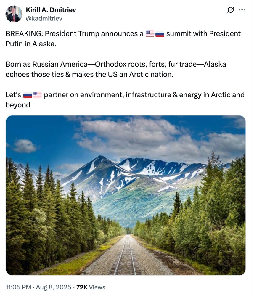 A tweet from Kirill Dmitriev, who is now and was in 2017 in charge off offering financial incentives for the US to reverse sanctions and help carve up Ukraine. It describes Alaska as Russian-American. BREAKING: President Trump announces a 🇺🇸🇷🇺 summit with President Putin in Alaska. 

Born as Russian America—Orthodox roots, forts, fur trade—Alaska echoes those ties & makes the US an Arctic nation. 

Let’s 🇷🇺🇺🇸 partner on environment, infrastructure & energy in Arctic and beyond
