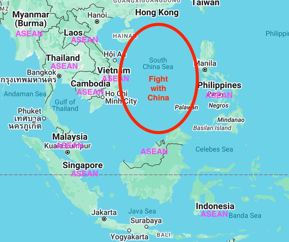 A map of the South China Sea and surrounding countries, which are marked as ASEAN members. There's a circle on the sea with the label, "Fight with China."