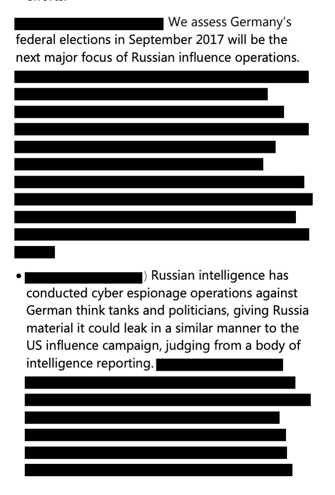 Two heavily redacted paragraphs describing, "We assess Germany's federal elections in September 2017 will be the next major focus on Russian influence operations." 