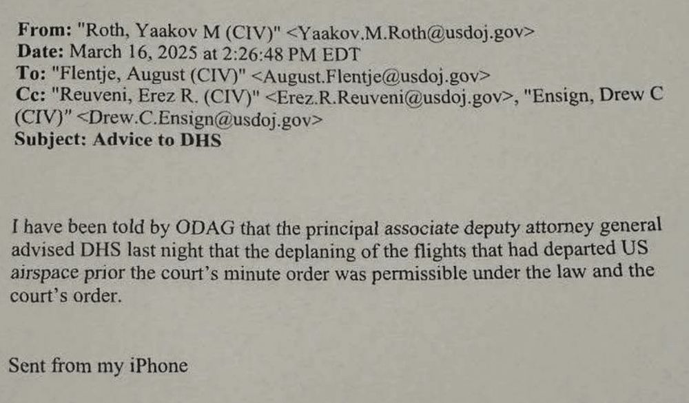 An email from Yaakov Roth to Erez Reuveni and others describing that PADAG "advised DHS last night that the deplaning of the flights that had departed US airspace prior to the court's minute order was permissible under the law and the court's order." 
