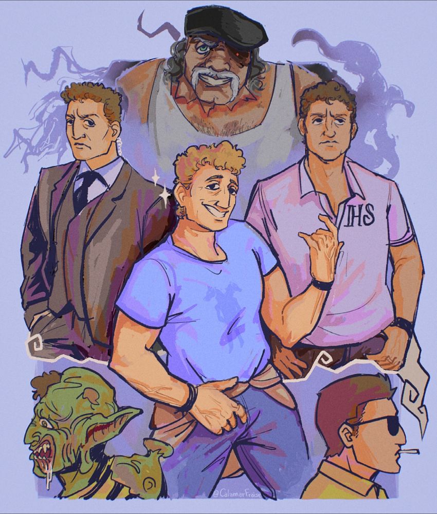 Fanart of Alex Winter's characters, on top Vlad from Destroy all neighbors, on the left the assistant from Grand Piano, in the middle Bill playing air guitar from Bill and Ted Face the Music, on the right Dr Jehuda from Absolute Dominion, on the bottom left Ricky Coogin monster side from Freaked, on the bottom right Ricky Coogin human form smoking. 