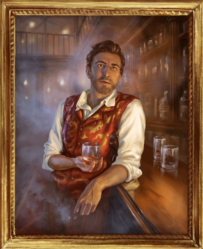 A portrait of Tashué Blackwood, MC of Legacy of the Brightwash. He is wearing a red and gold waistcoat, and a white shirt with the collar open and the sleeves rolled up to his elbows. He’s holding a glass of whisky in one hand, and a cigarillo in the other. He’s leaning with one elbow on a wooden bar. 