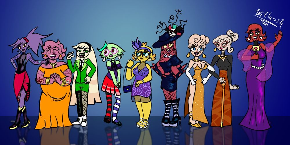 Drawing of the Rippers girls with fancy attires and dresses