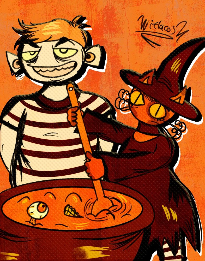 Drawing of Weirdo and Enigma in an orange hue.
Weirdo is dressed as Pugsley Addams looking with a sinister smile, Enigma is dressed as a witch mixing with a big spoon on a cauldron