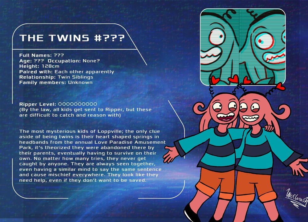 The Twins #???
Names:???
Ages: ???
Occupation: None?
Heights: 128cm
Paired with: Each other apparently Relationship: Twin Siblings
Family members: Unknown
Ripper Level: - - - - - - - - - - (By the law, all kids get sent to Ripper, but these are difficult to catch and reason with)

The most mysterious kids of Loppville; the only clue aside of being twins is their heart shaped springs in headbands from the annual Love Paradise Amusement Park, it’s theorized they were abandoned there by their parents, eventually having to survive on their own. No matter how many tries, they never get caught by anyone. They are always seen together, even having a similar mind to say the same sentence and cause mischief everywhere. They look like they need help, even if they don’t want to be saved.
