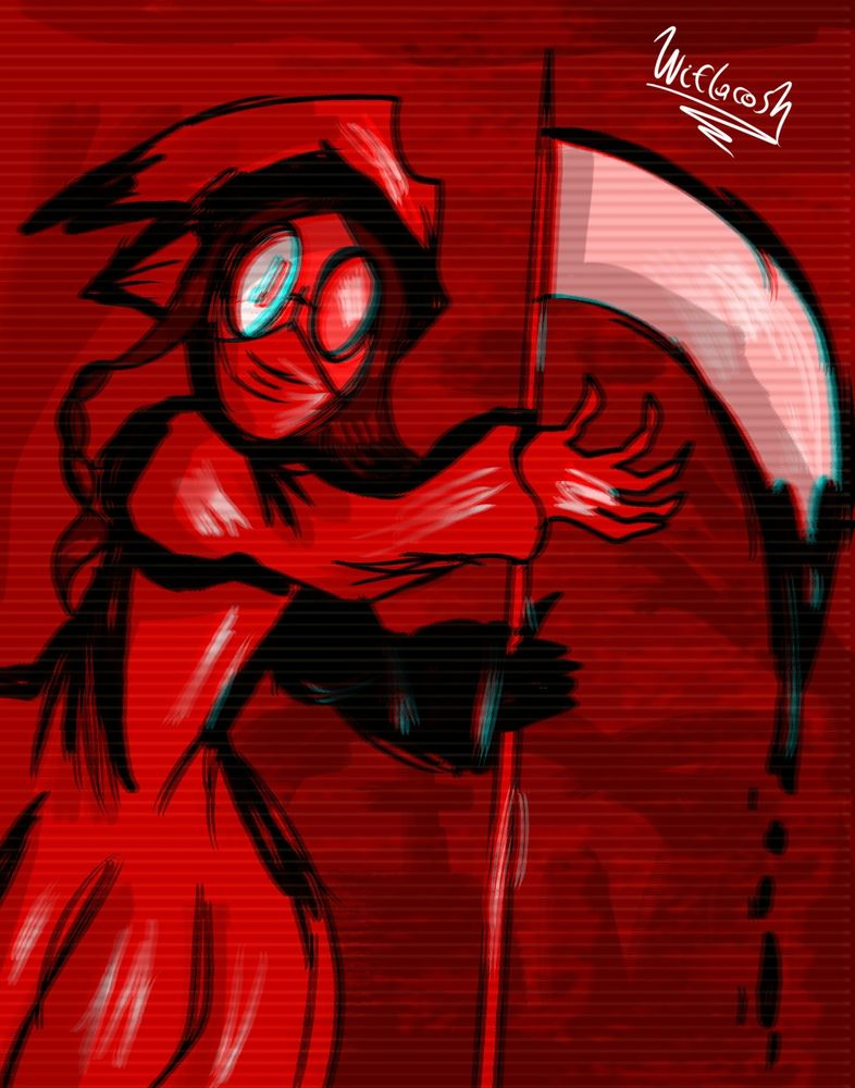 Drawing of Doctor in a red hue.
Dressed as the grim reaper with a very dismal look and pose.