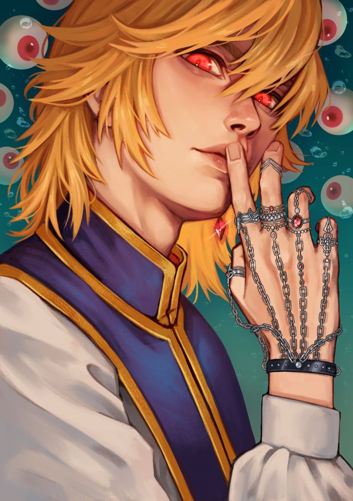 Kurapika from HunterXHunter staring at the viewer. His eyes are glowing red and his hand is brought to his face. His right hand is decorated with his chain weapon. Floating eyes are depicted in the background.