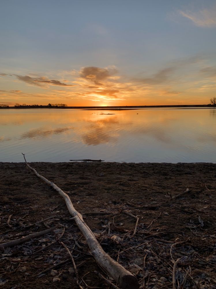 The shore below a mirrored sunsrise on a still lake. 