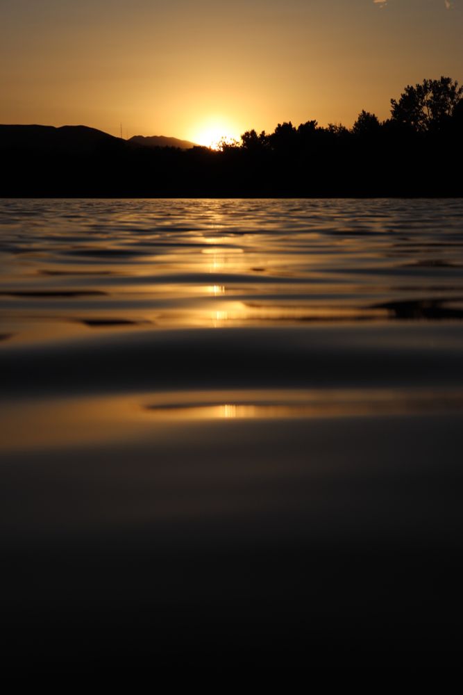 Golden hues reflect off of water to the sunset above. 