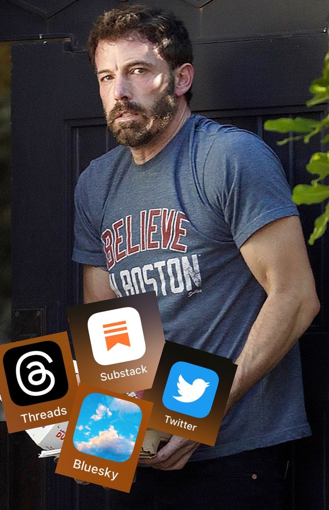 Ben Affleck juggling threads, substack, bluesky, and Twitter instead of a bunch of coffee.