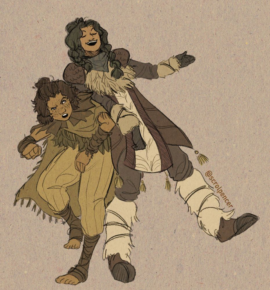 A drawing of Kingsley and Peregrine (Yaelokre), with Peregrine leaning on Kingsley while singing eyes closed. Kingsley looks annoyed at the motion and is trying to push Perrine off of them. 