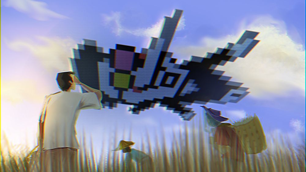 A digital drawing of farmers looking up at a large image of Spamton in the sky