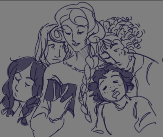 The Lark (Cole, Clém, Perrine and Kingsley- Yaelokre) piled and huddled around Tita Amara who is reading a book to the kids. Perrine and Kingsley are asleep with their rest resting on both Amara's sides. Clementine rests their head on Amaras left shoulder, and Cole looks interested, looking over Amaras right shoulder. 