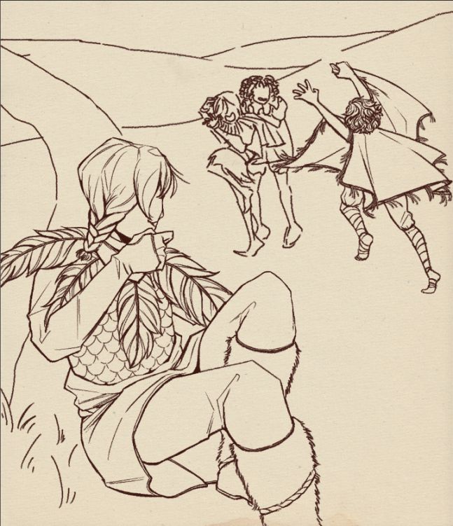 The Lark in an open field. Perrine is in the foreground, sitting and leaning against a tree trunk looking amusingly at the others behind their shoulder. Clem and Cole get spooked by Kingsley who looks like they jumped out from something. 
