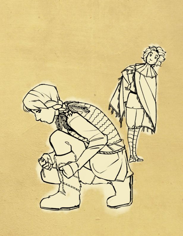 (1/2) Perrine is knelt down, tying the rope around their fur boots while Kingsley is in the background looking curiously at Perrine. 