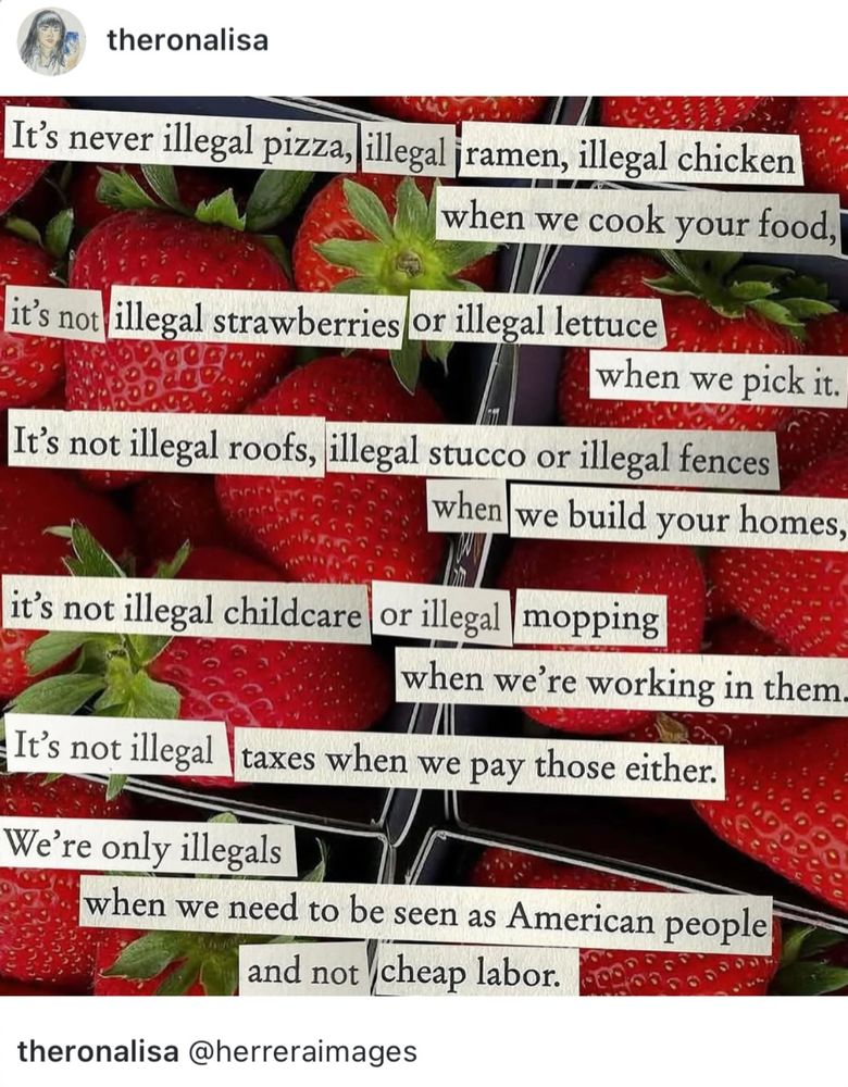 theronalisa

It's never illegal pizza, illegal ramen, illegal chicken when we cook your food,

it's not illegal strawberries or illegal lettuce when we pick it.

It's not illegal roofs, illegal stucco or illegal fences when we build your homes,

it's not illegal childcare or illegal mopping

when we're working in them.

It's not illegal taxes when we pay those either.

We're only illegals when we need to be seen as American people and not cheap labor.

theronalisa @herreraimages