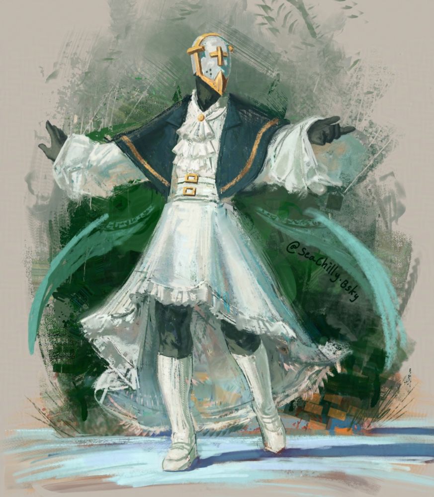 Digital painting of the character Gabriel from Ultrakill in a white dress. His wings are splayed out and he appears to be dancing. 