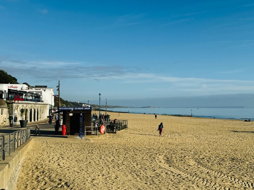 Bourne out beach, facing east, in the sunshine