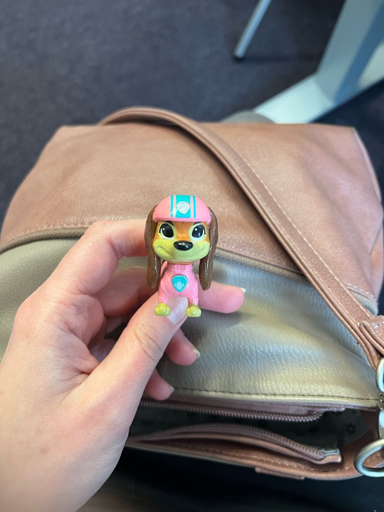 Ich halte ein Paw Patrol Figürchen namens Liberty in der Hand, welche ich zufällig aus meiner Handtasche gezogen habe.