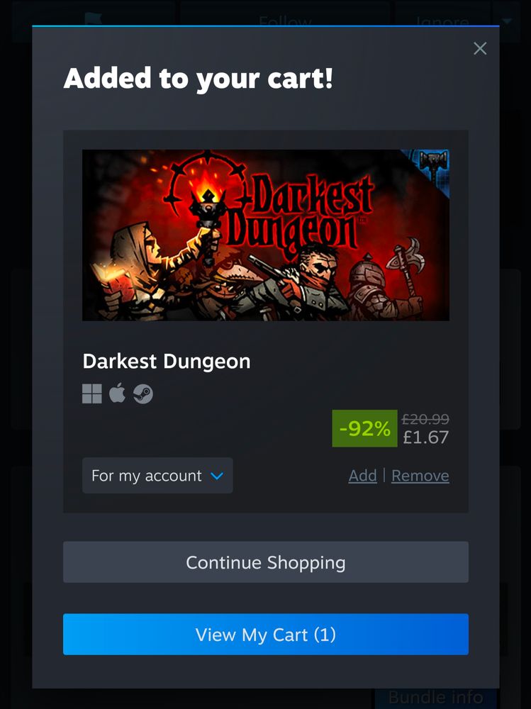 A screenshot from Steam showing Darkest Dungeon has been added to the cart.