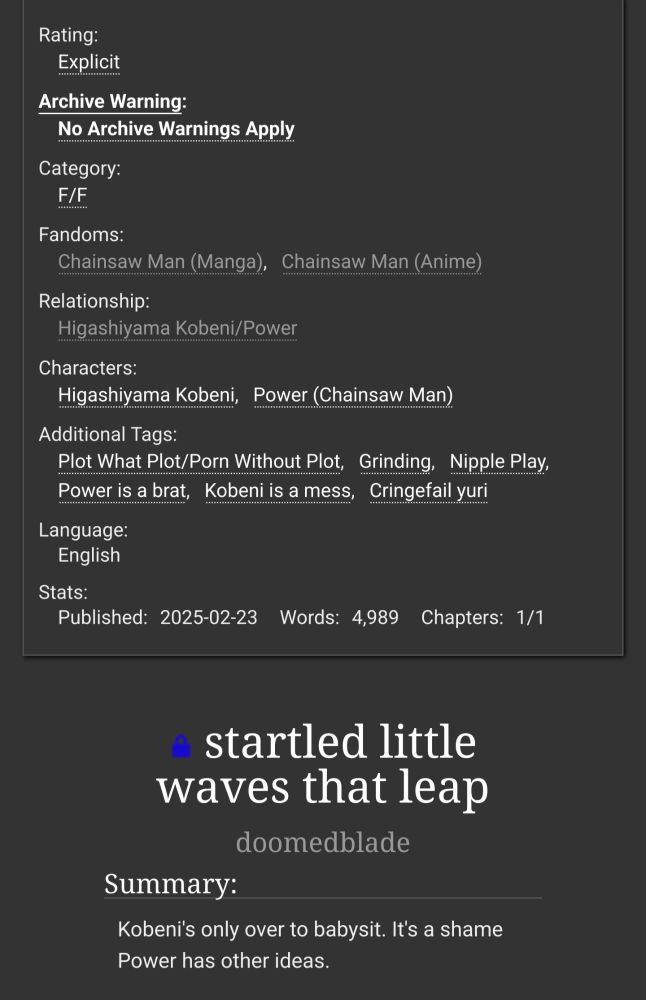 A screenshot from AO3 of the front page of my fic, "startled little waves that leap"