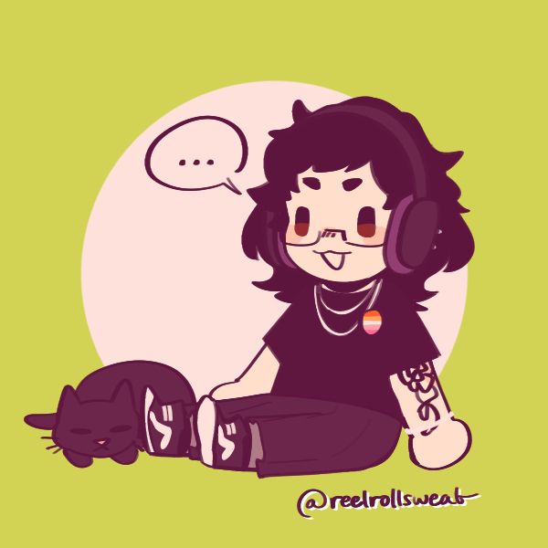 A piccrew of a chibi-drawn person dressed in all black with a cat asleep beside them. 