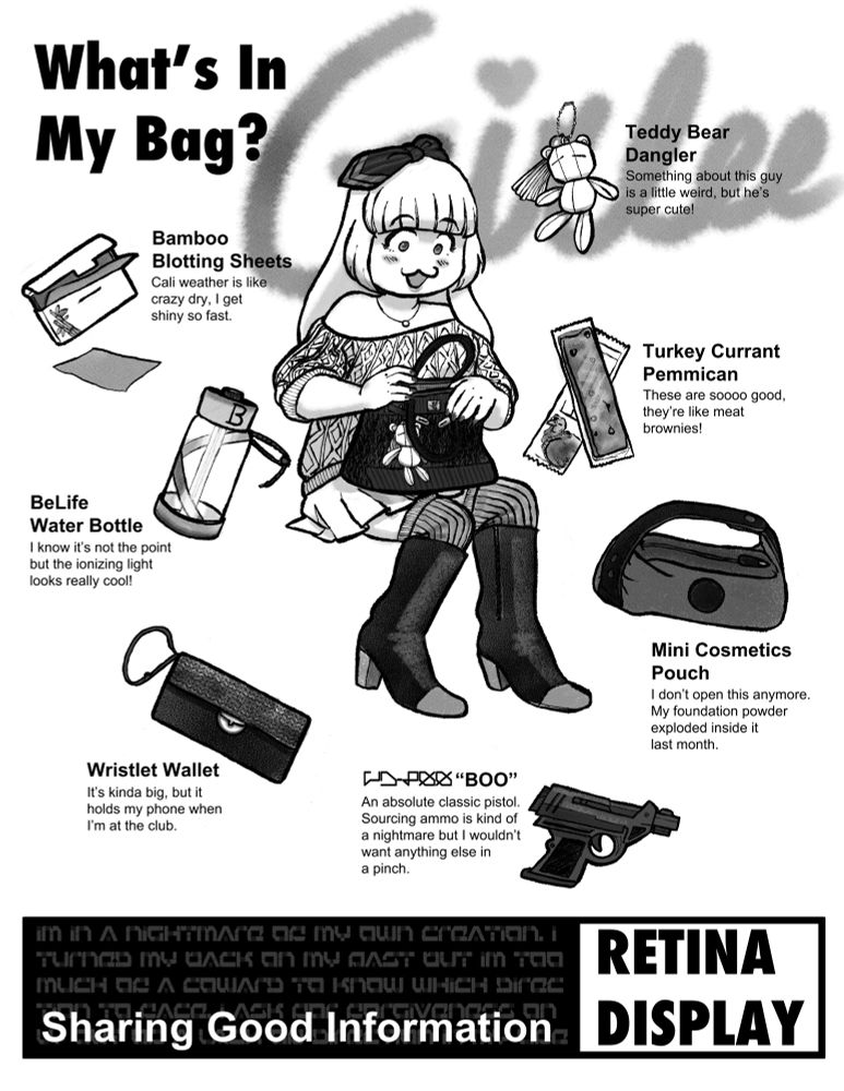 What’s in my Bag illustration with Girlee.
Items include: blotting paper, pemmican, water bottle, wristlet wallet, mini makeup bag, teddy bear bag charm, and gun. Tee hee.