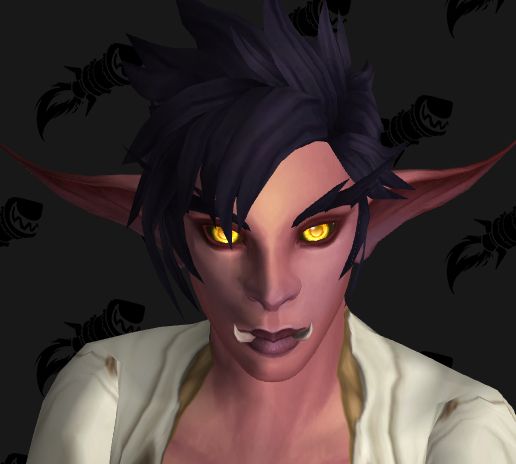 A screenshot of a Haranir from World of Warcraft, utilizing a model-viewer. Her hair is black and feathered in its style; her eyebrows are long, upturned, and spiky; her eyes a bright yellow with darker pupils. She has sideswept ears that are mostly symmetrical, a broad nose, and two tusks jutting from the edges of her mouth.