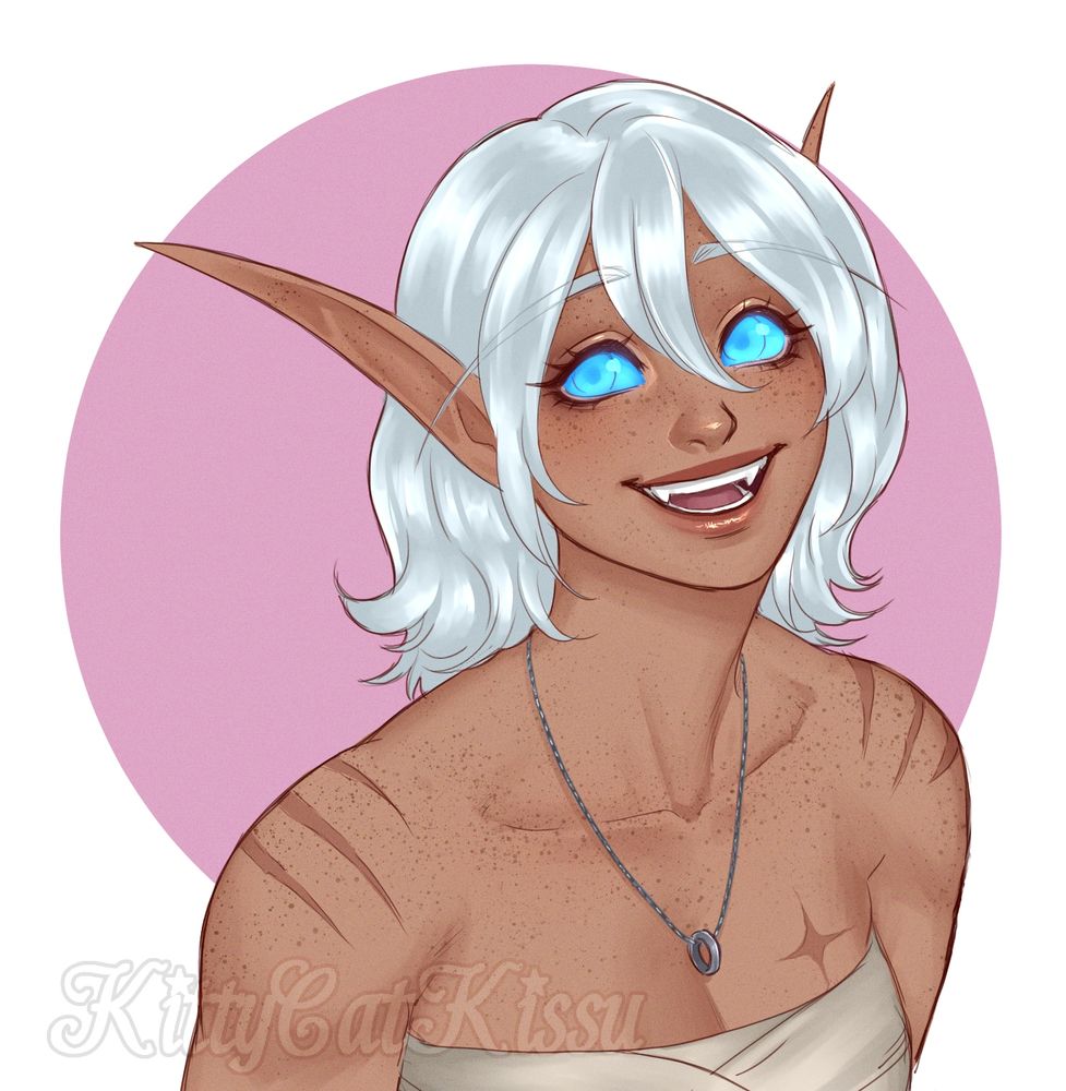 A commission of an elven woman, seen from the bust-up, accredited to @KittyCatKissu. The woman, known as Elare, has an olive complexion and is covered by an abundance of freckles. Her hair is shining silver; and her glimmering eyes are a shade of brilliant blue. Her lips are parted in an open-mouth smile, revealing small fangs in place of canines. There is a simple, non-studded band hanging from a silver chain around her necklace. Though she wears no shirt, her chest is bound by a faintly off-white fabric. There are a twin pair of three dark scars upon each of her shoulders that resemble the talons of a large bird. Just over her heart is a faded scar that resembles a four-point-star.