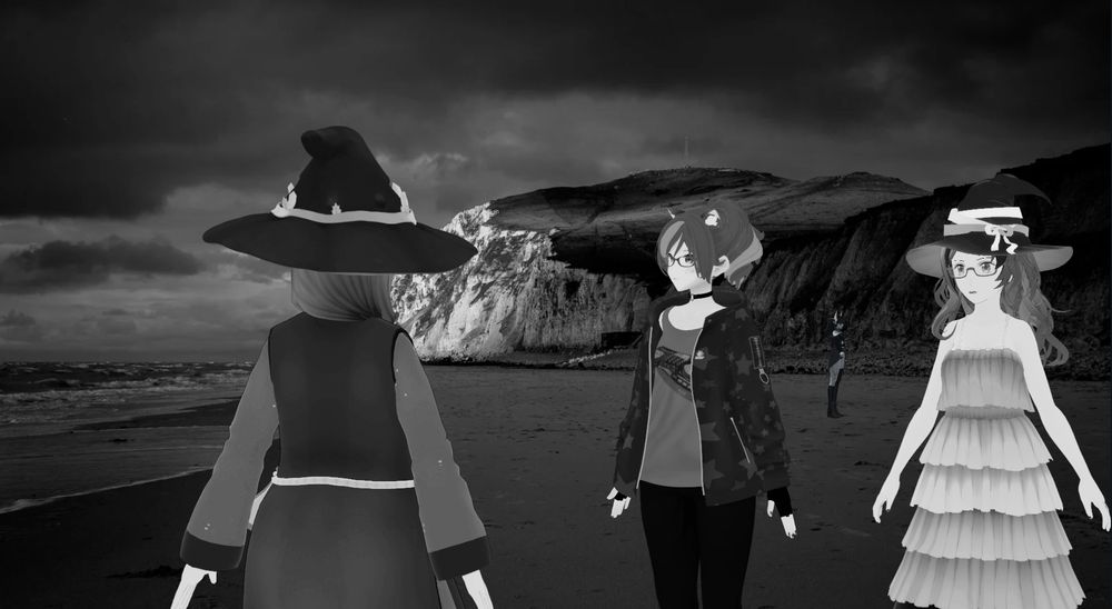 4 Vtubers, Standing Around in a Black and White Beach Scene, like they're in an album cover (Vnyan Screen Cap + Background by thelast.seahorse)