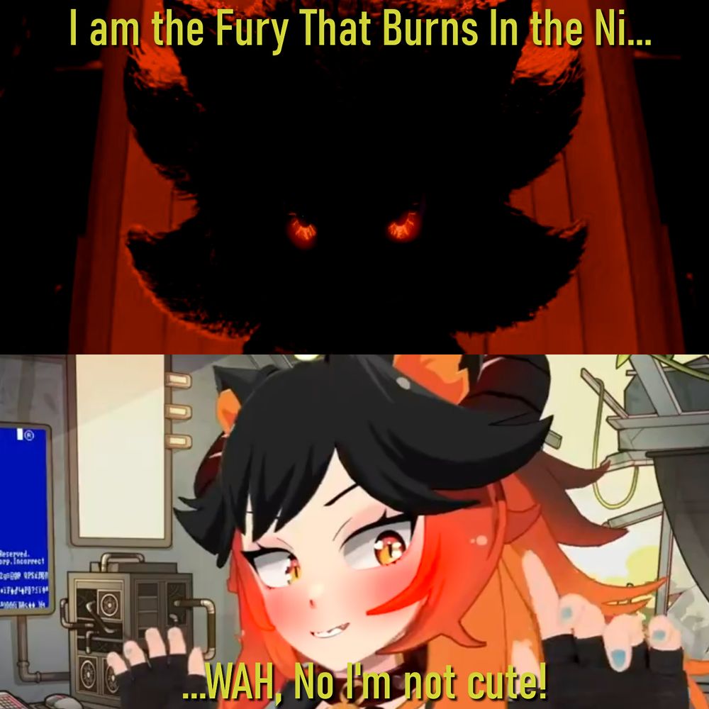 "Everytime Yarny Tries to Be Scary" - By Reneta Scian
Top: I am the fury that burns in the Ni....

Bottom: ...Wah, No I'm not cute!